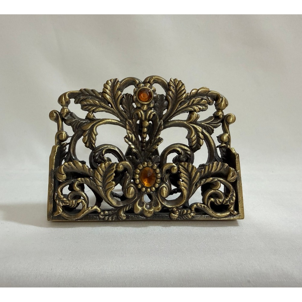 Vintage Brass Filigree Business Card Holder Amber Glass Accents Easel Stand